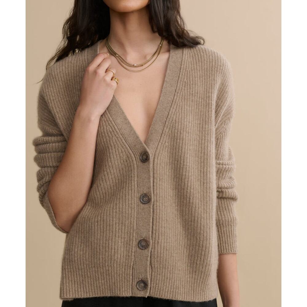 Jenni Kayne Cropped Cashmere Cocoon Quiet Luxury Ribbed Taupe Cardigan Sweater S